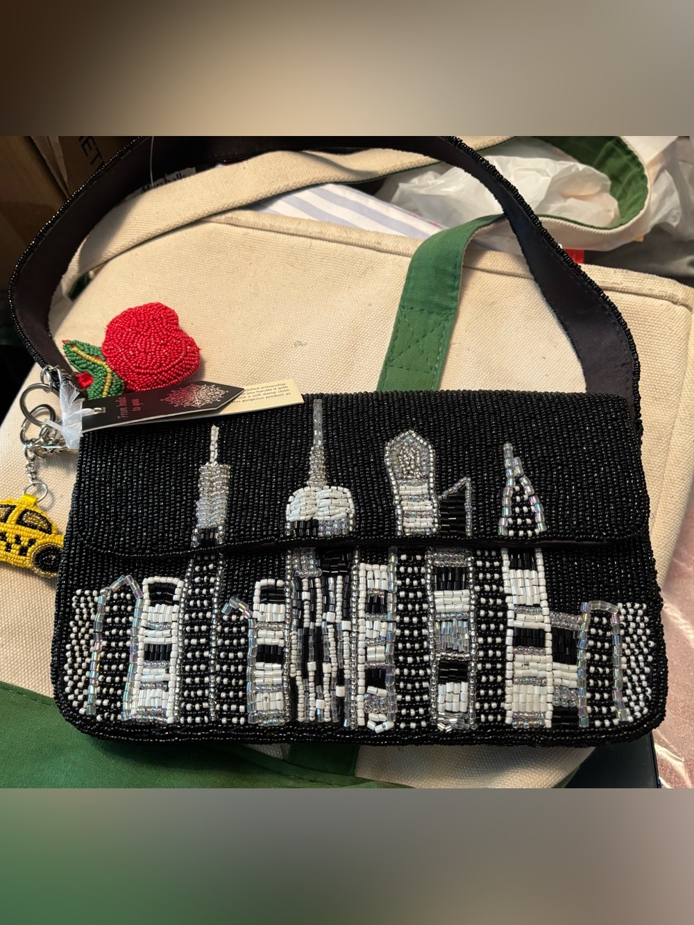 Beaded Black City Skyline Shoulder Bag